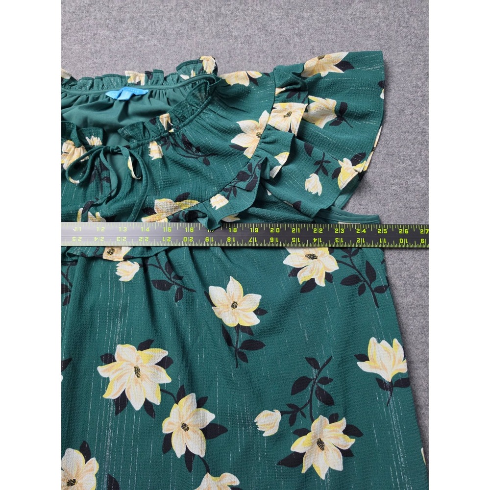 Draper James Floral Ruffle Blouse Women XL Green Short Sleeve Tie Neck Flutter - Picture 5 of 7